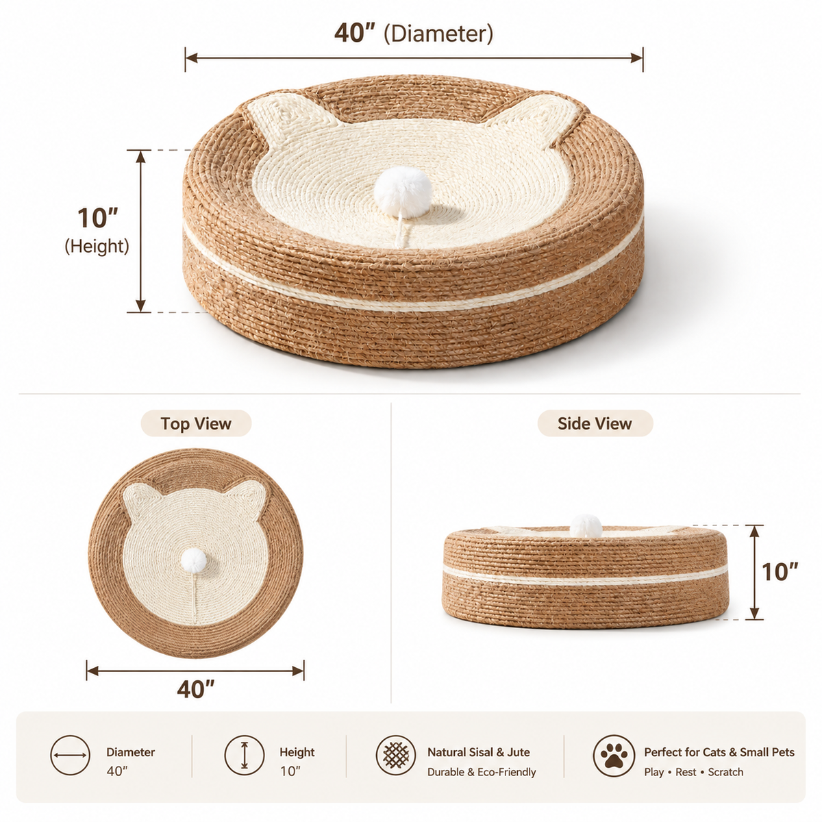Natural Sisal Cat Scratcher Bed Round Cat Nest with Scratching Surface