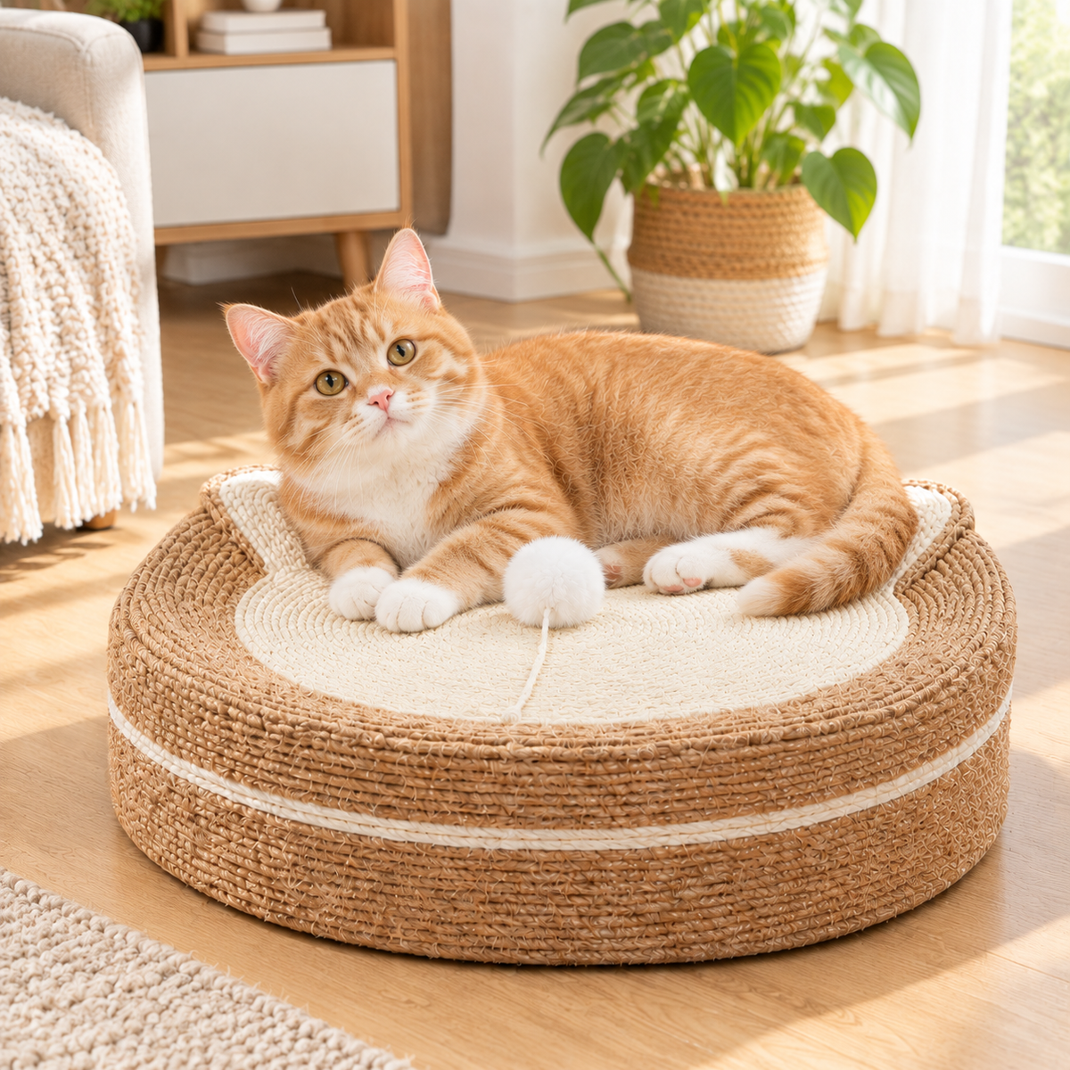 Natural Sisal Cat Scratcher Bed Round Cat Nest with Scratching Surface